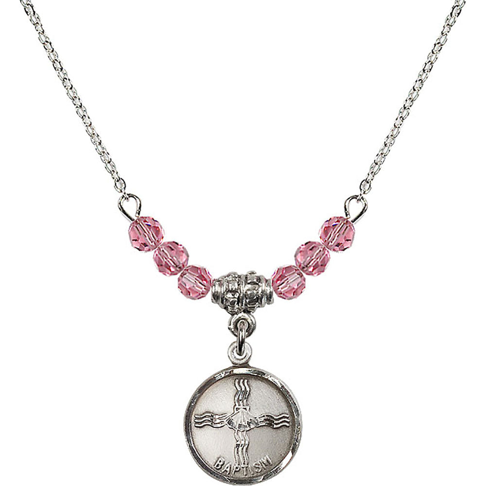 Sterling Silver Baptism Birthstone Necklace with Rose Beads - 0601