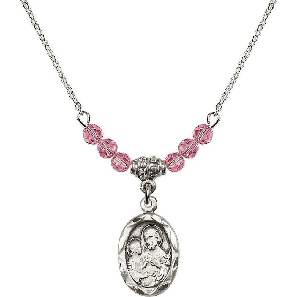 Sterling Silver Saint Joseph Birthstone Necklace with Rose Beads - 0612