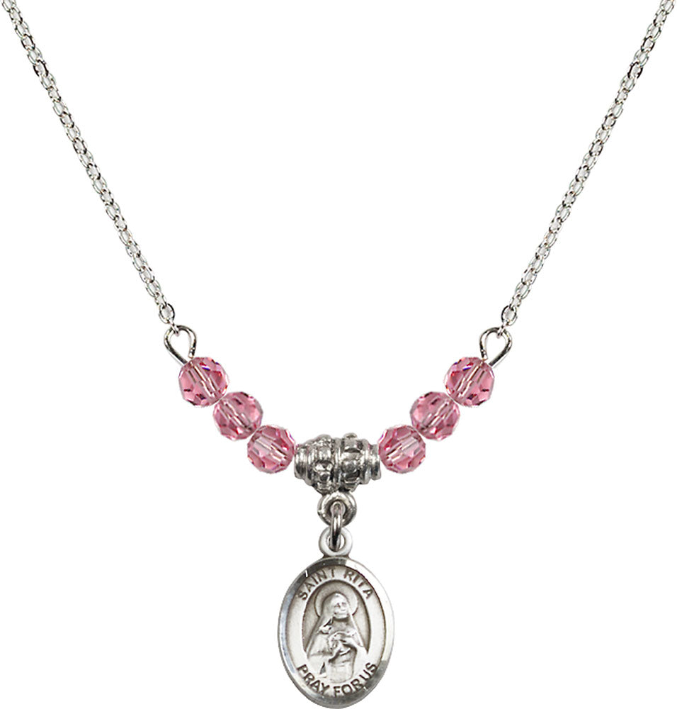 Sterling Silver Saint Rita / Baseball Birthstone Necklace with Rose Beads - 9181