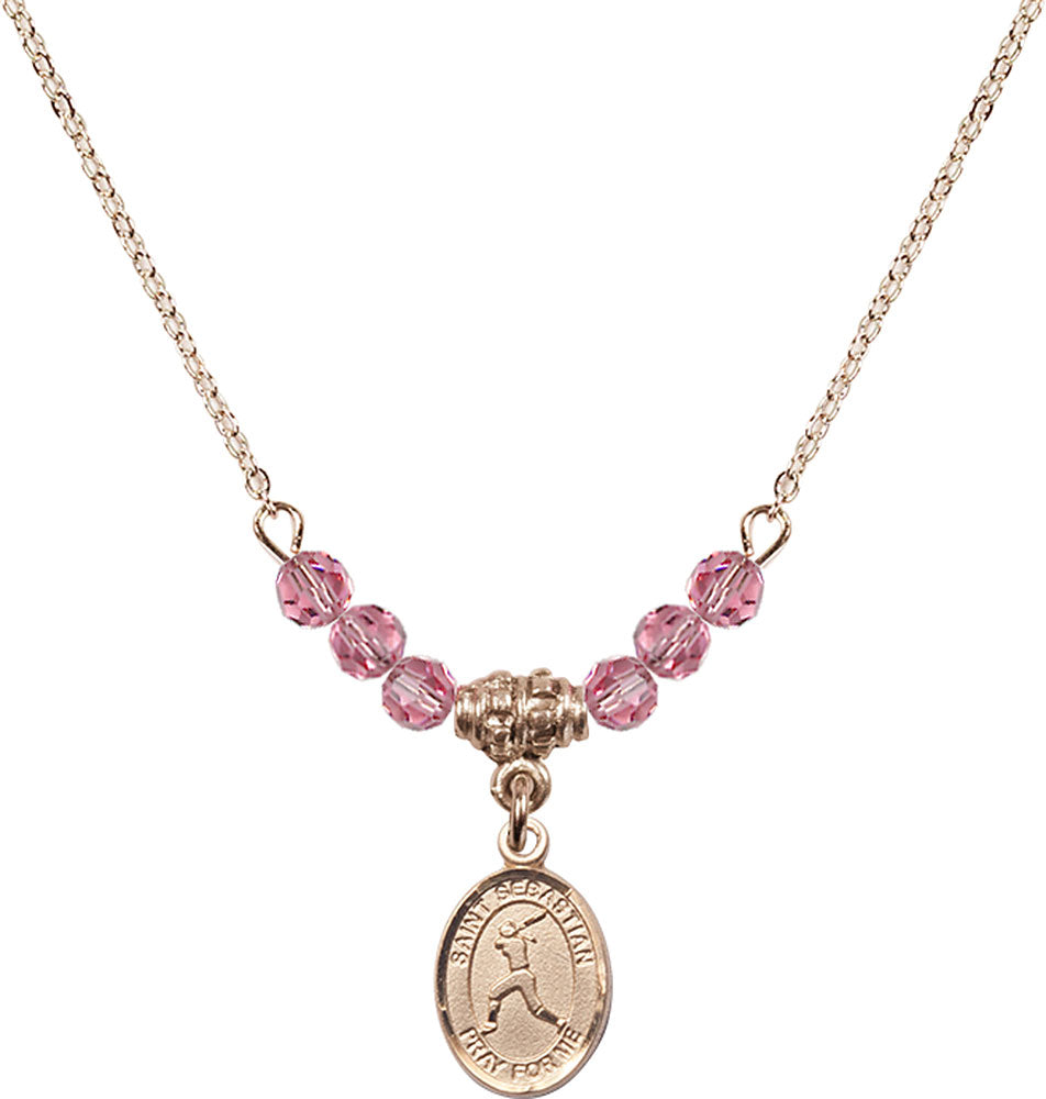 14kt Gold Filled Saint Sebastian/Softball Birthstone Necklace with Rose Beads - 9183