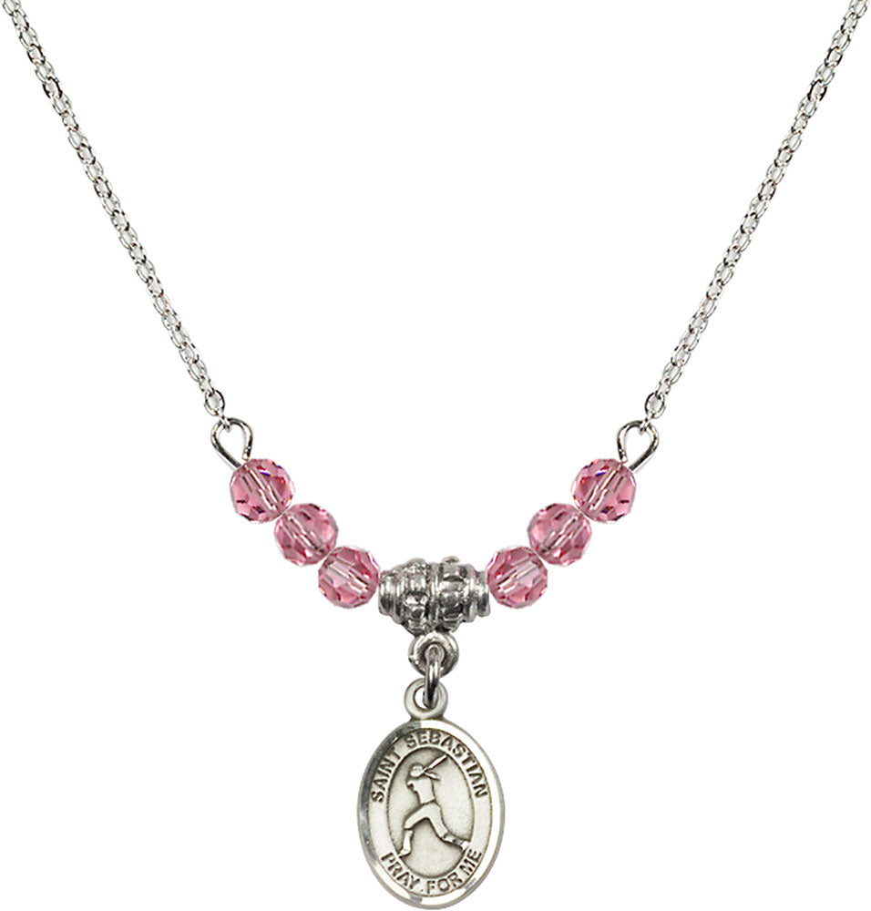 Sterling Silver Saint Sebastian/Softball Birthstone Necklace with Rose Beads - 9183