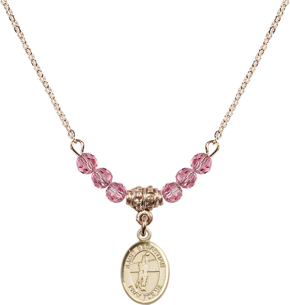 14kt Gold Filled Saint Sebastian / Volleyball Birthstone Necklace with Rose Beads - 9186