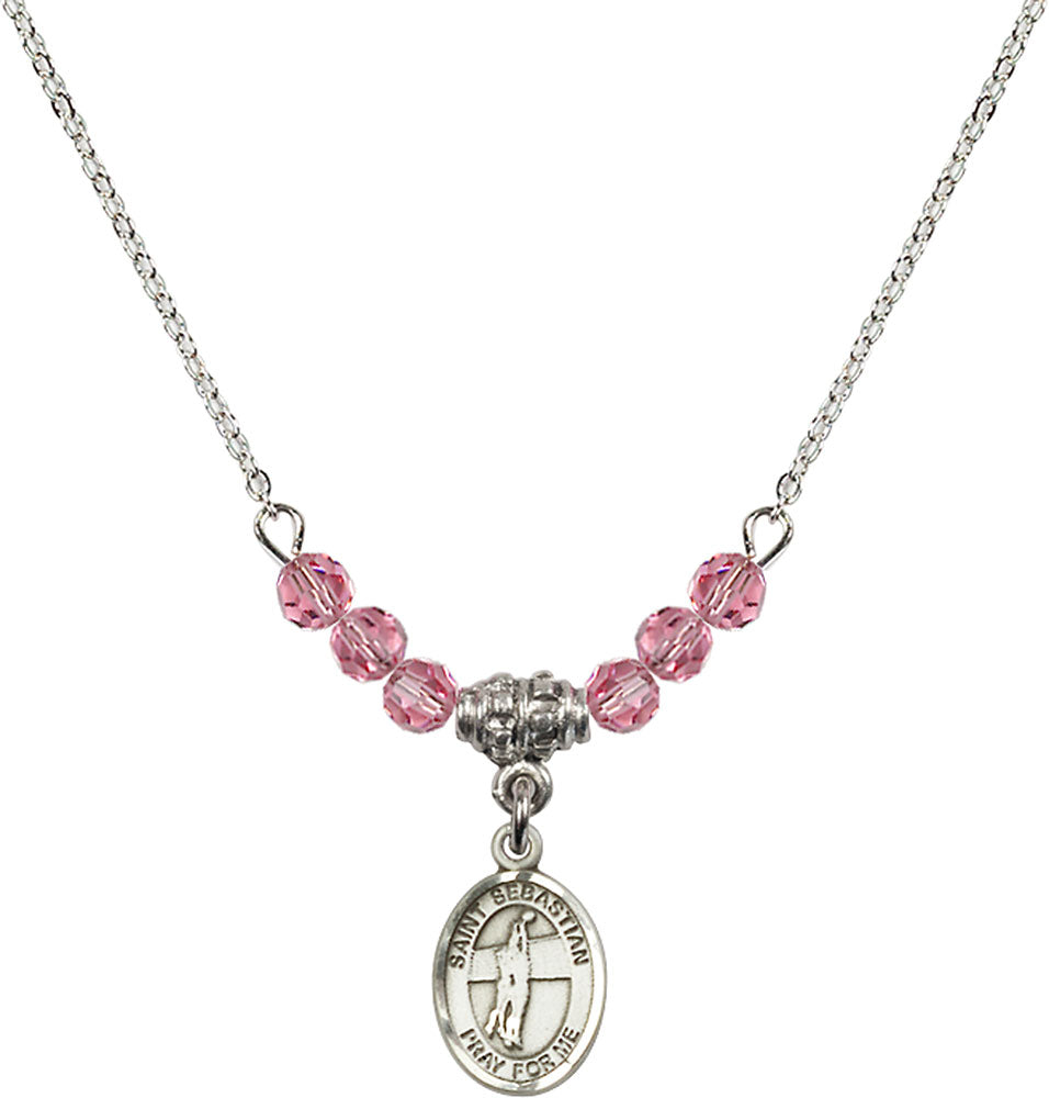 Sterling Silver Saint Sebastian / Volleyball Birthstone Necklace with Rose Beads - 9186