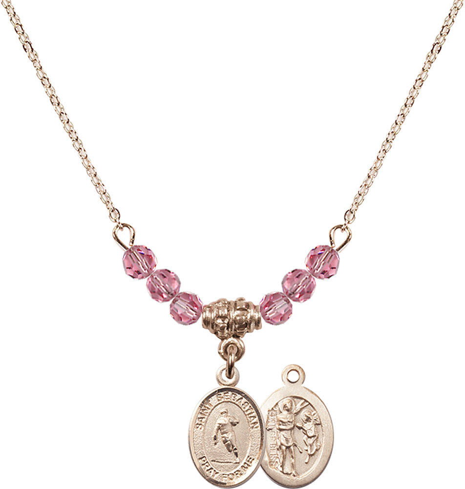 14kt Gold Filled Saint Sebastian / Rugby Birthstone Necklace with Rose Beads - 9187