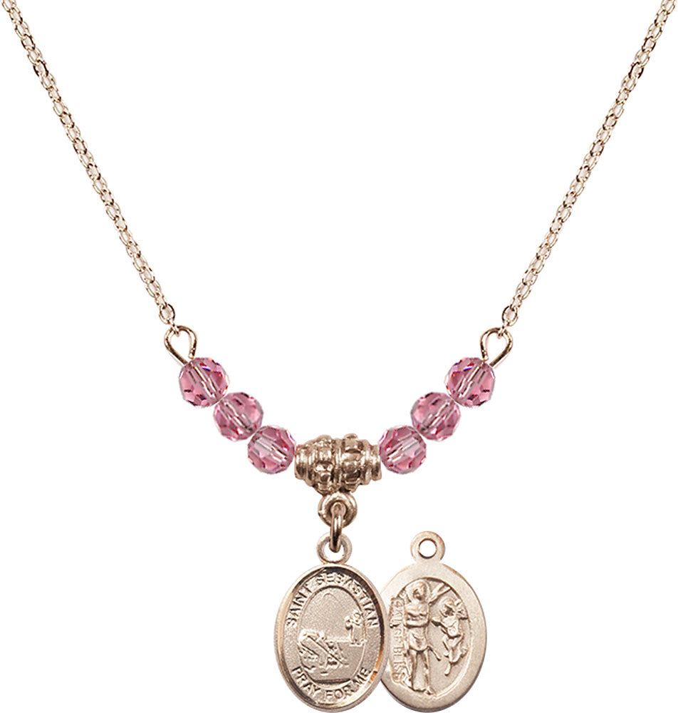 14kt Gold Filled Saint Sebastian / Fishing Birthstone Necklace with Rose Beads - 9188