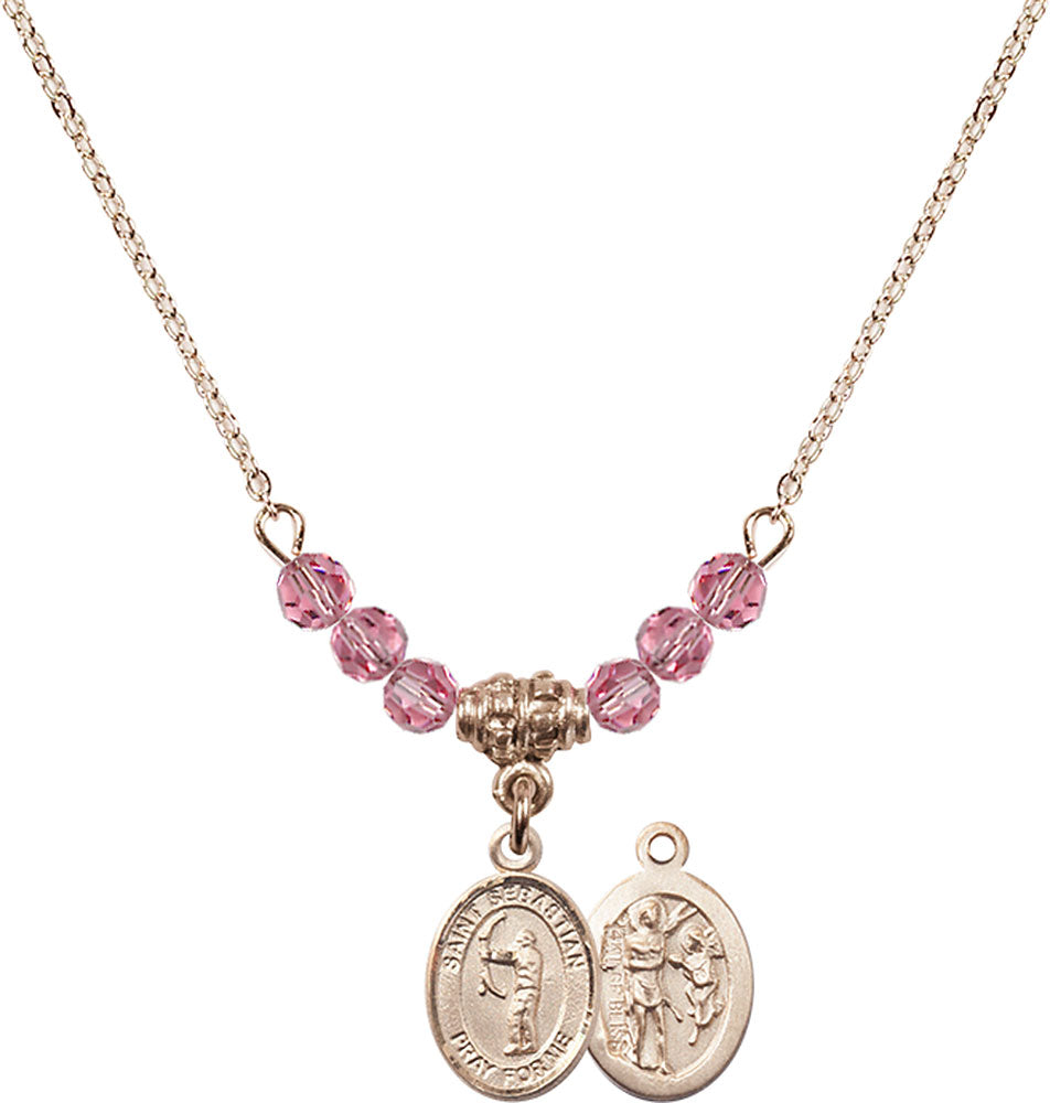 14kt Gold Filled Saint Sebastian / Archery Birthstone Necklace with Rose Beads - 9189