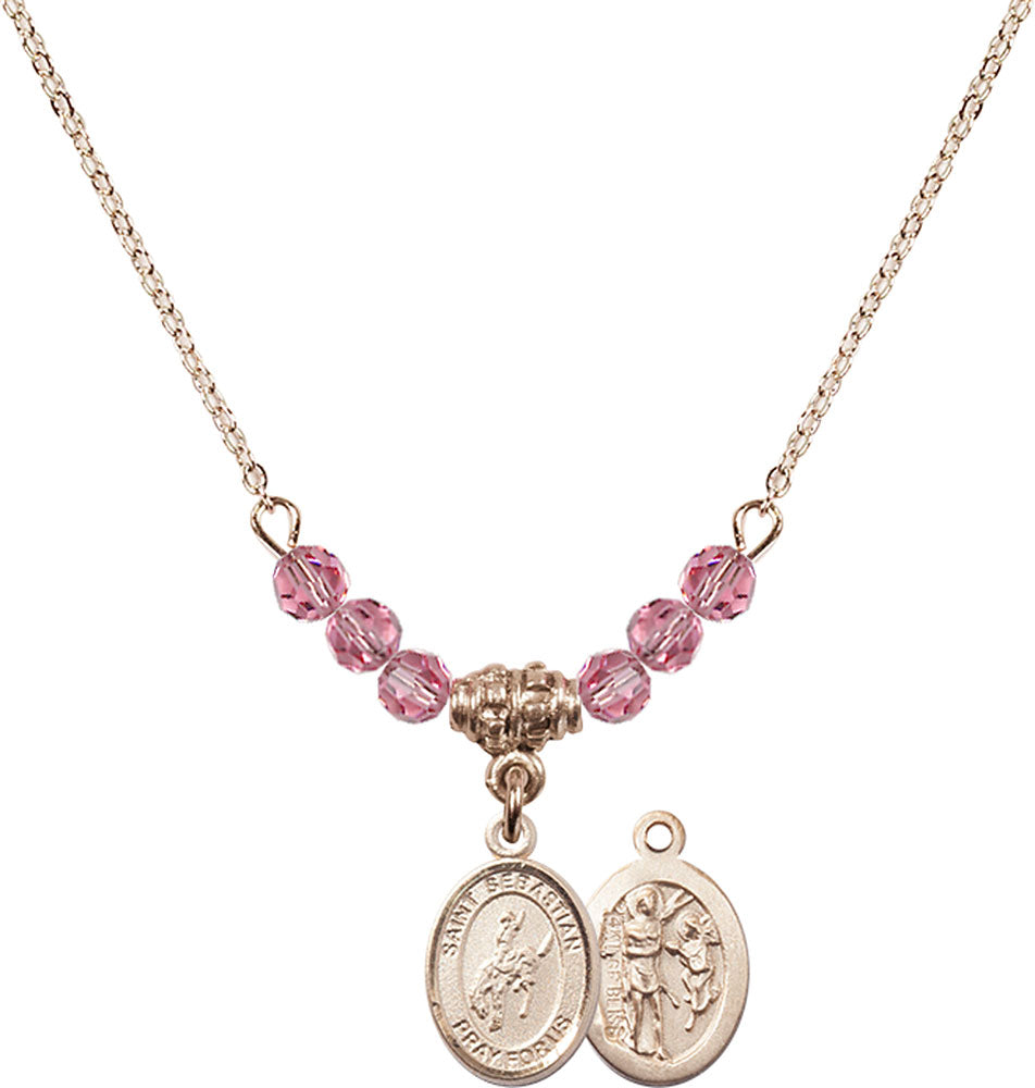 14kt Gold Filled Saint Sebastian / Rodeo Birthstone Necklace with Rose Beads - 9191