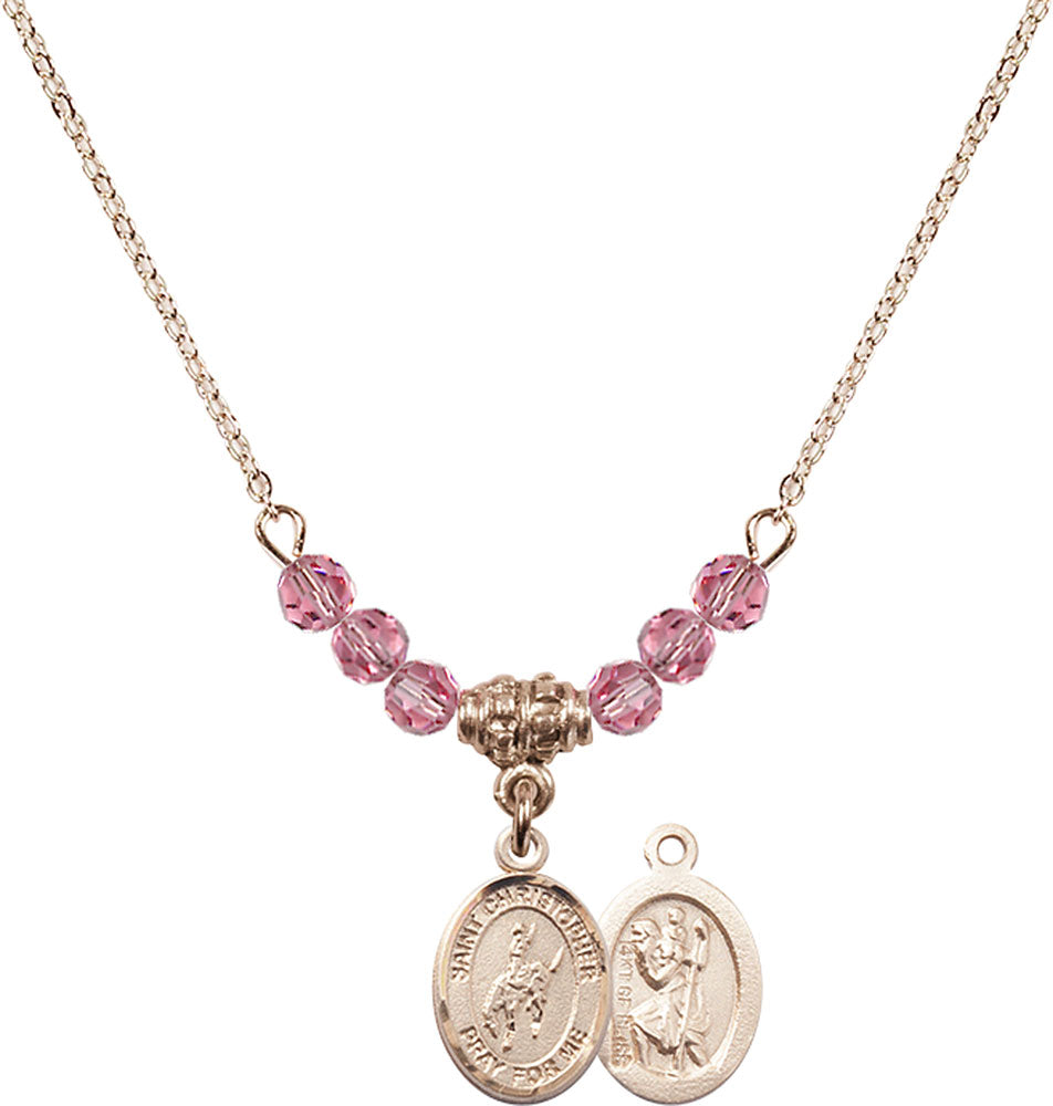 14kt Gold Filled Saint Christopher / Rodeo Birthstone Necklace with Rose Beads - 9192