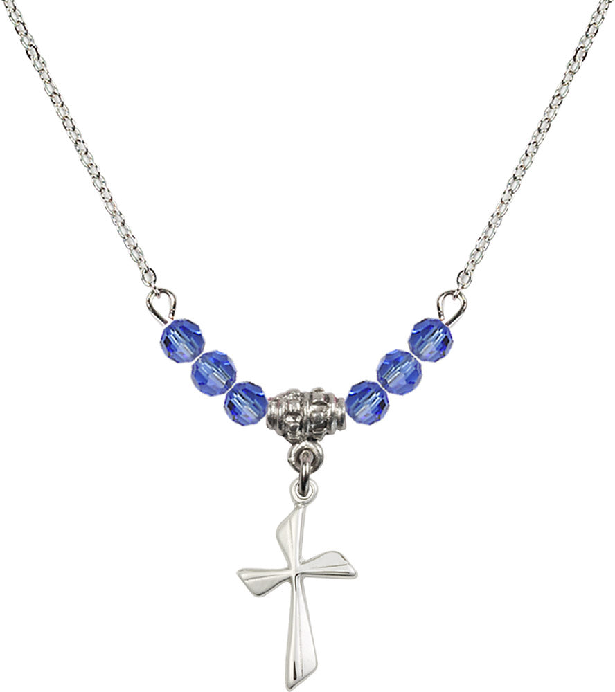 Sterling Silver Cross Birthstone Necklace with Sapphire Beads - 0016