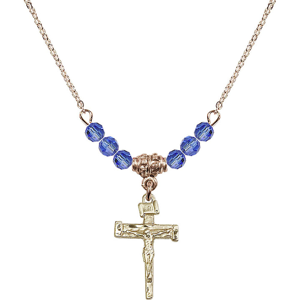 14kt Gold Filled Nail Crucifix Birthstone Necklace with Sapphire Beads - 0072