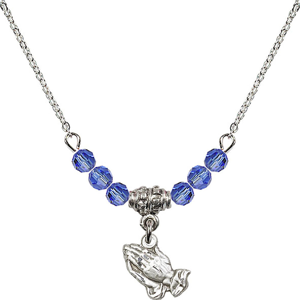 Sterling Silver Praying Hands Birthstone Necklace with Sapphire Beads - 0220