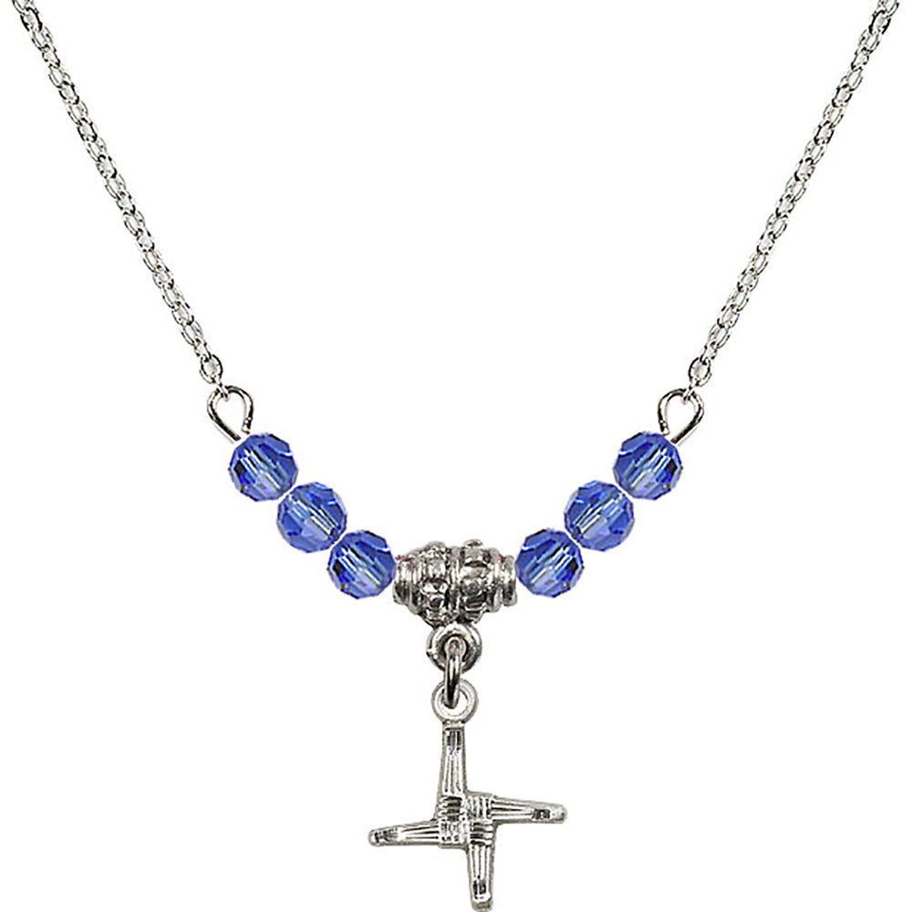 Sterling Silver Saint Brigid Cross Birthstone Necklace with Sapphire Beads - 0291