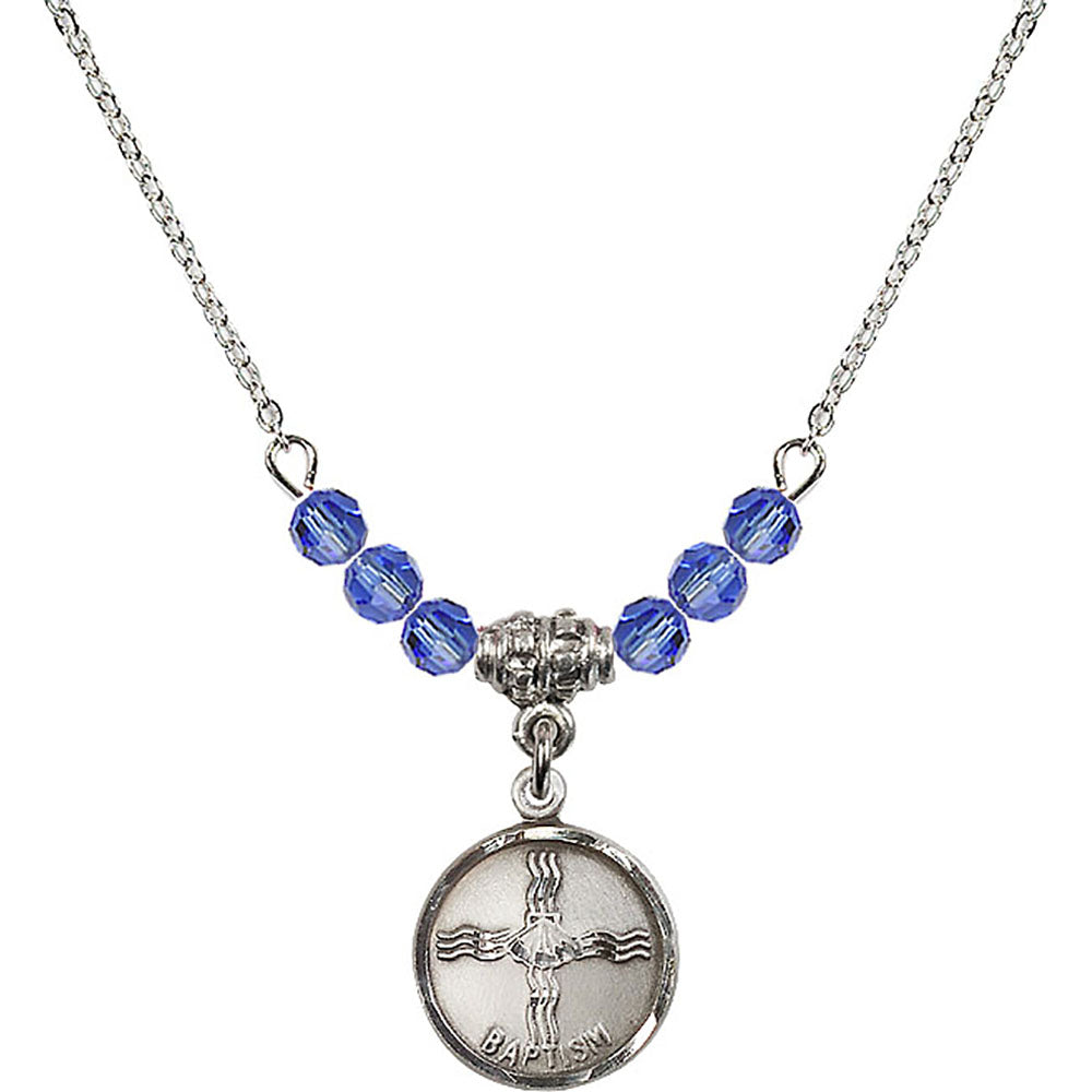 Sterling Silver Baptism Birthstone Necklace with Sapphire Beads - 0601