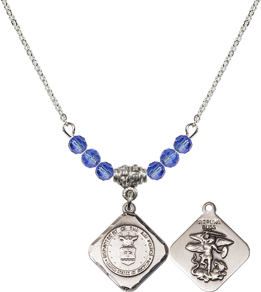 Sterling Silver Air Force Diamond Birthstone Necklace with Sapphire Beads - 1180