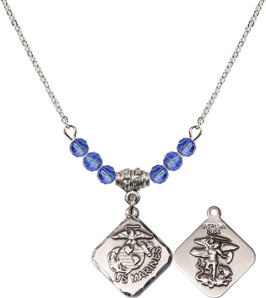 Sterling Silver Marines Diamond Birthstone Necklace with Sapphire Beads - 1180