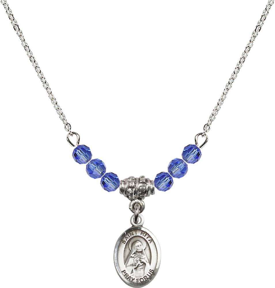 Sterling Silver Saint Rita / Baseball Birthstone Necklace with Sapphire Beads - 9181