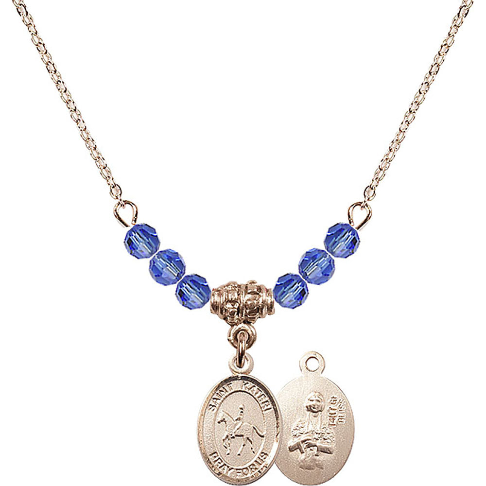 14kt Gold Filled Saint Kateri/Equestrian Birthstone Necklace with Sapphire Beads - 9182