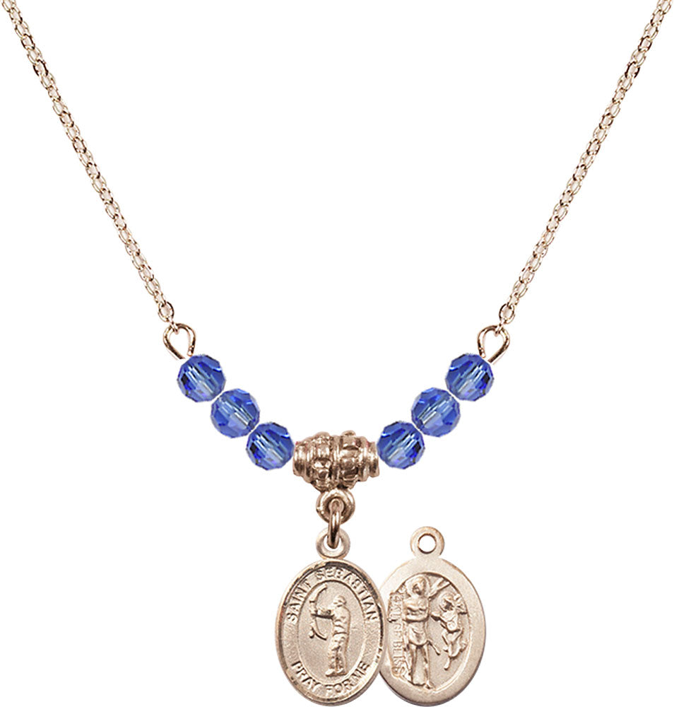 14kt Gold Filled Saint Sebastian / Archery Birthstone Necklace with Sapphire Beads - 9189