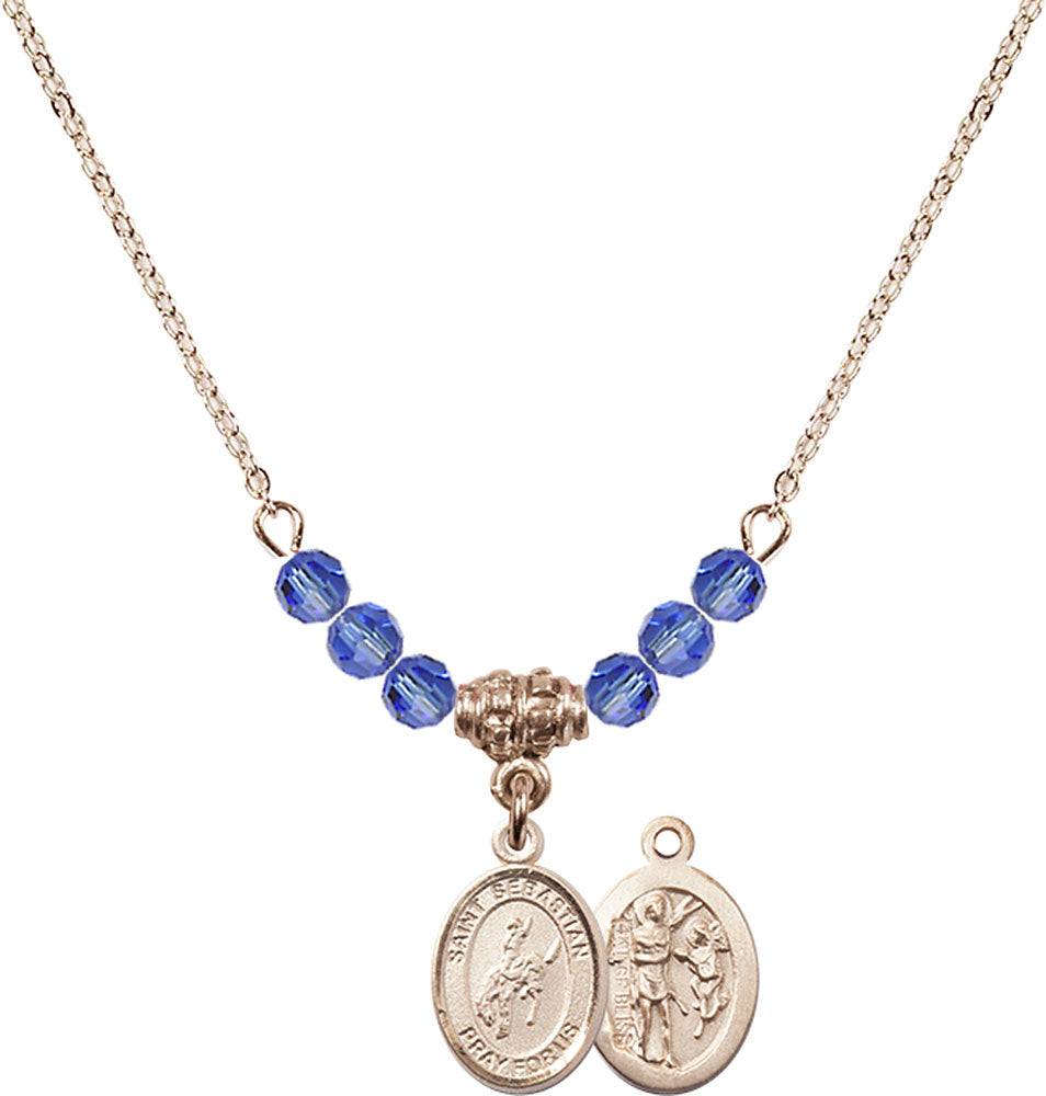 14kt Gold Filled Saint Sebastian / Rodeo Birthstone Necklace with Sapphire Beads - 9191