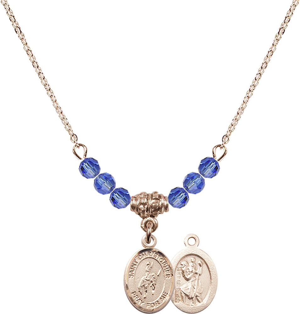 14kt Gold Filled Saint Christopher / Rodeo Birthstone Necklace with Sapphire Beads - 9192