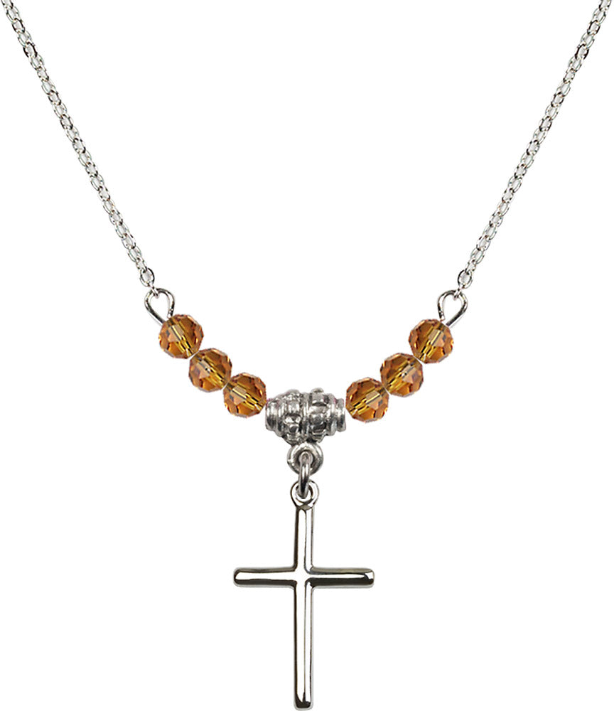 Sterling Silver Cross Birthstone Necklace with Topaz Beads - 0017