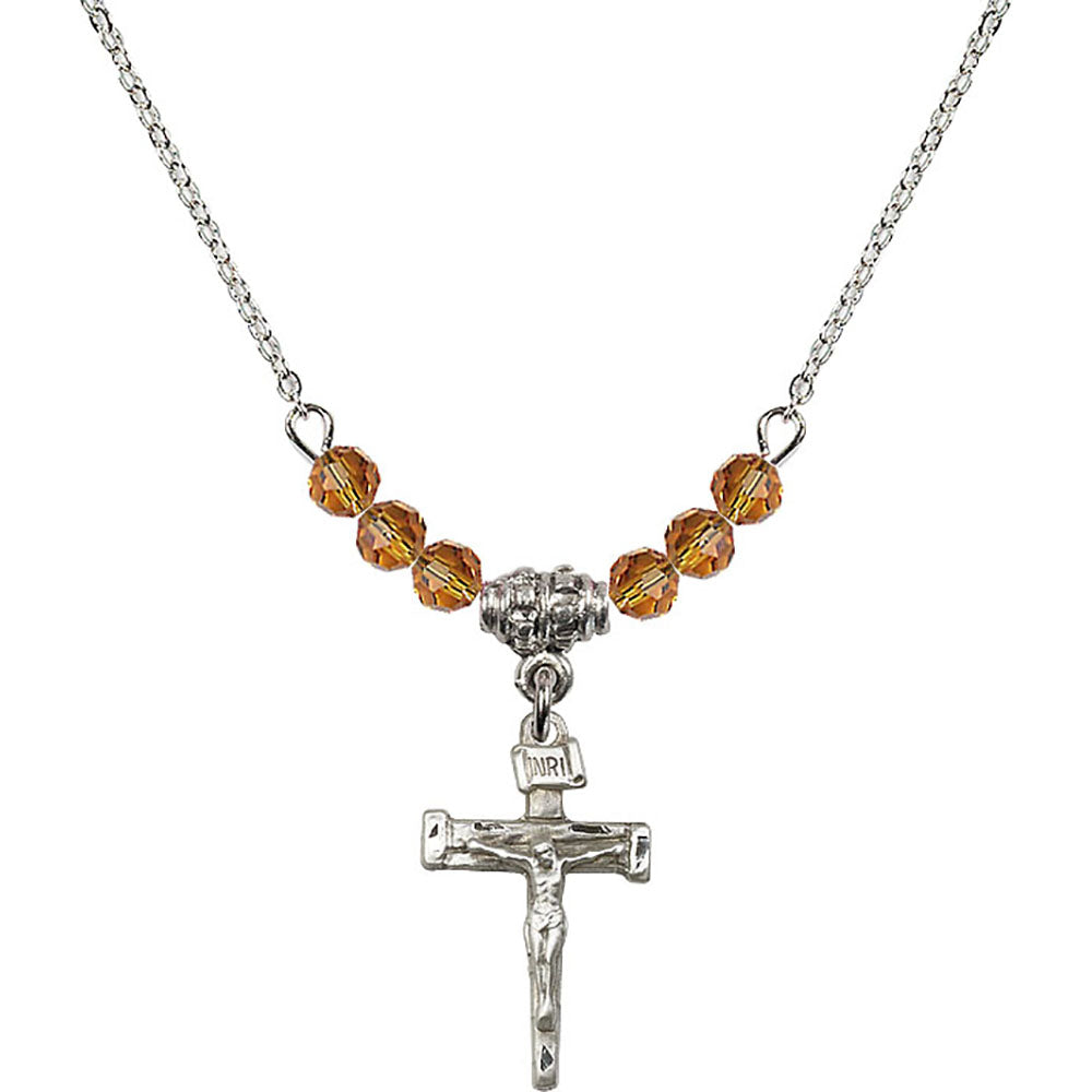 Sterling Silver Nail Crucifix Birthstone Necklace with Topaz Beads - 0072