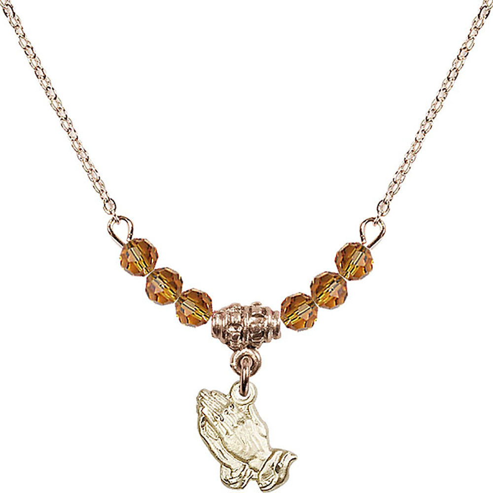 14kt Gold Filled Praying Hands Birthstone Necklace with Topaz Beads - 0220