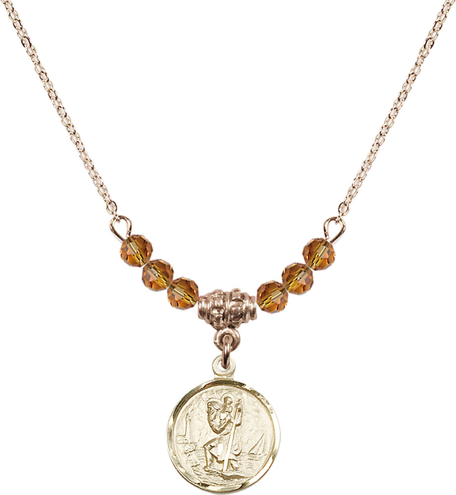 14kt Gold Filled Saint Christopher Birthstone Necklace with Topaz Beads - 0601