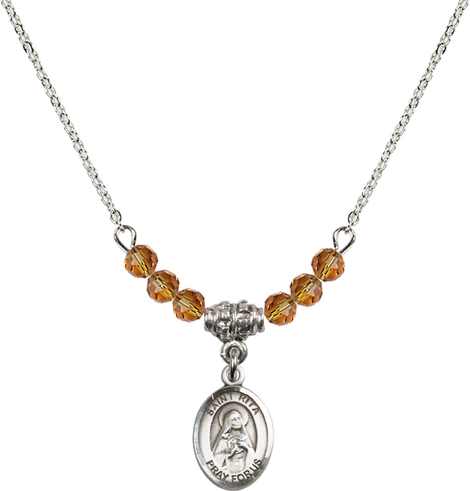 Sterling Silver Saint Rita / Baseball Birthstone Necklace with Topaz Beads - 9181