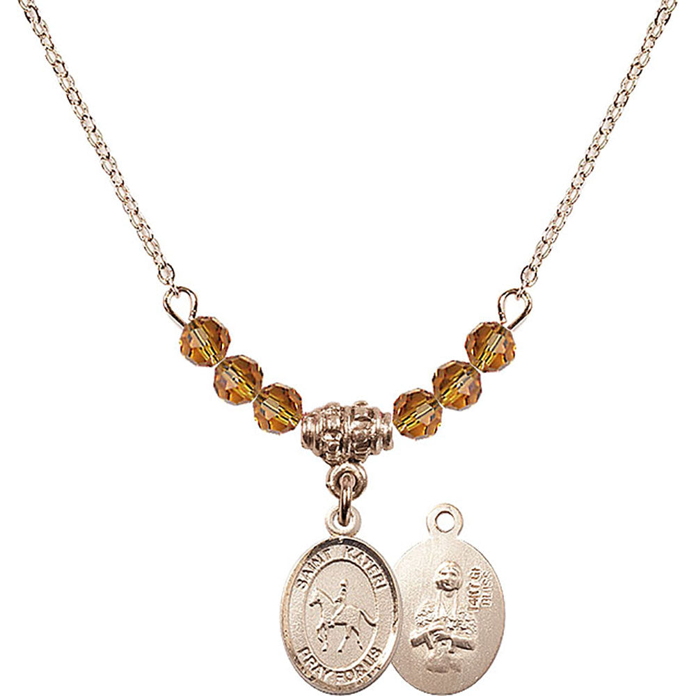 14kt Gold Filled Saint Kateri/Equestrian Birthstone Necklace with Topaz Beads - 9182