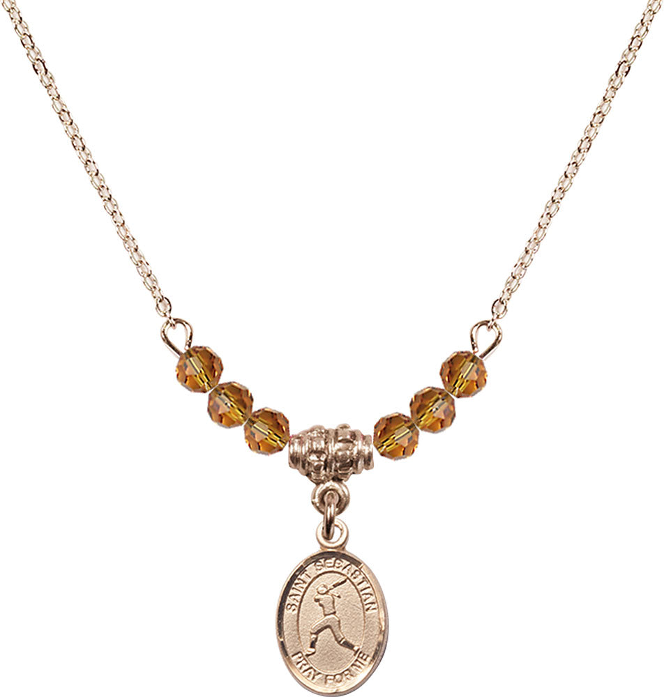 14kt Gold Filled Saint Sebastian/Softball Birthstone Necklace with Topaz Beads - 9183