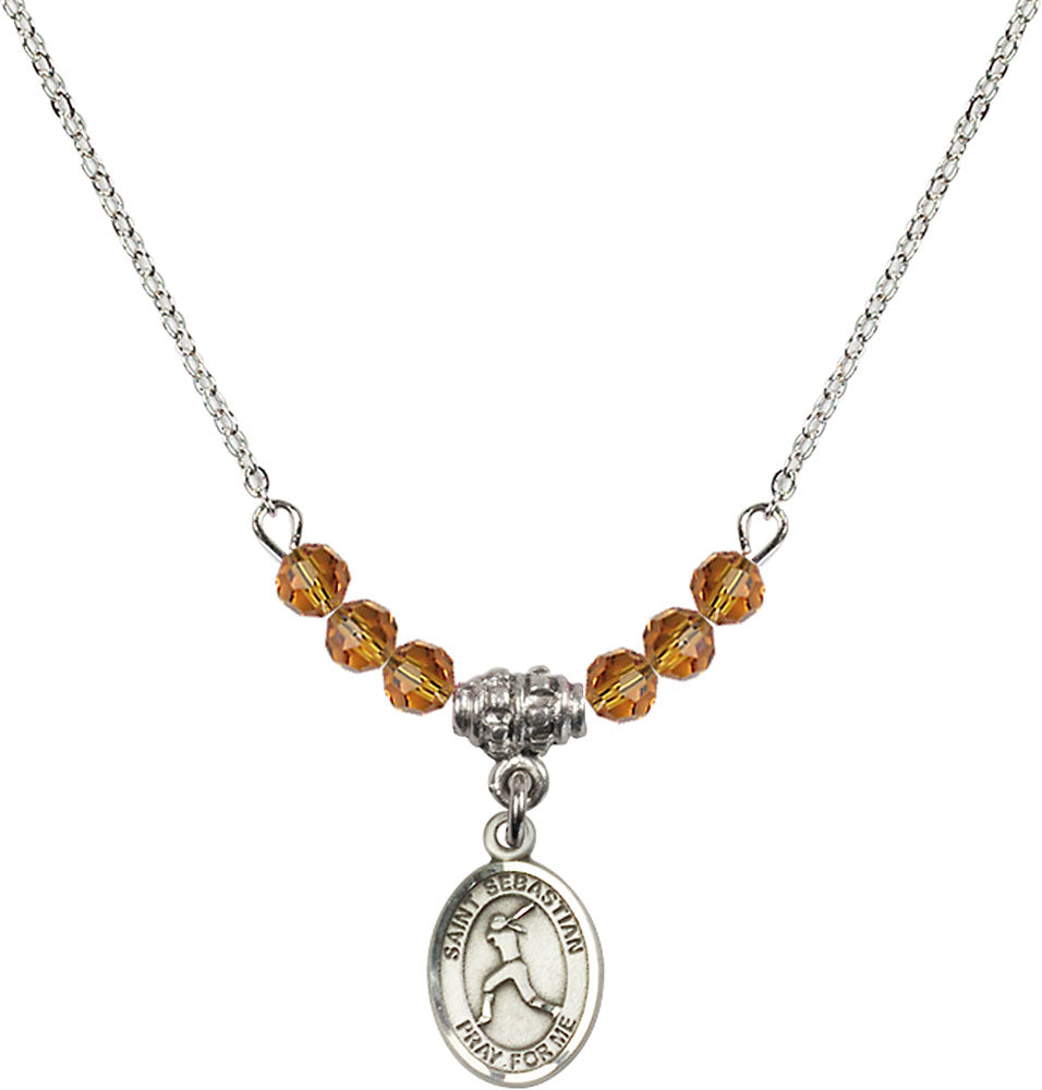 Sterling Silver Saint Sebastian/Softball Birthstone Necklace with Topaz Beads - 9183