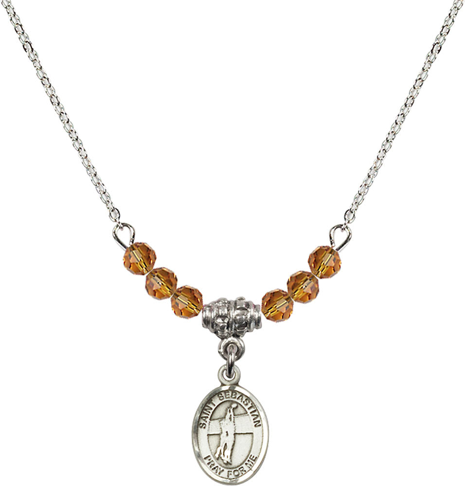 Sterling Silver Saint Sebastian / Volleyball Birthstone Necklace with Topaz Beads - 9186