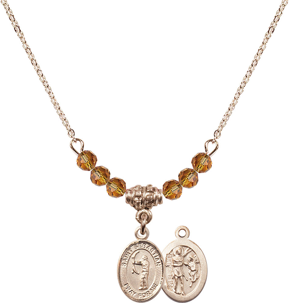 14kt Gold Filled Saint Sebastian / Archery Birthstone Necklace with Topaz Beads - 9189