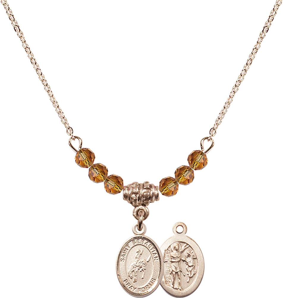 14kt Gold Filled Saint Sebastian / Rodeo Birthstone Necklace with Topaz Beads - 9191