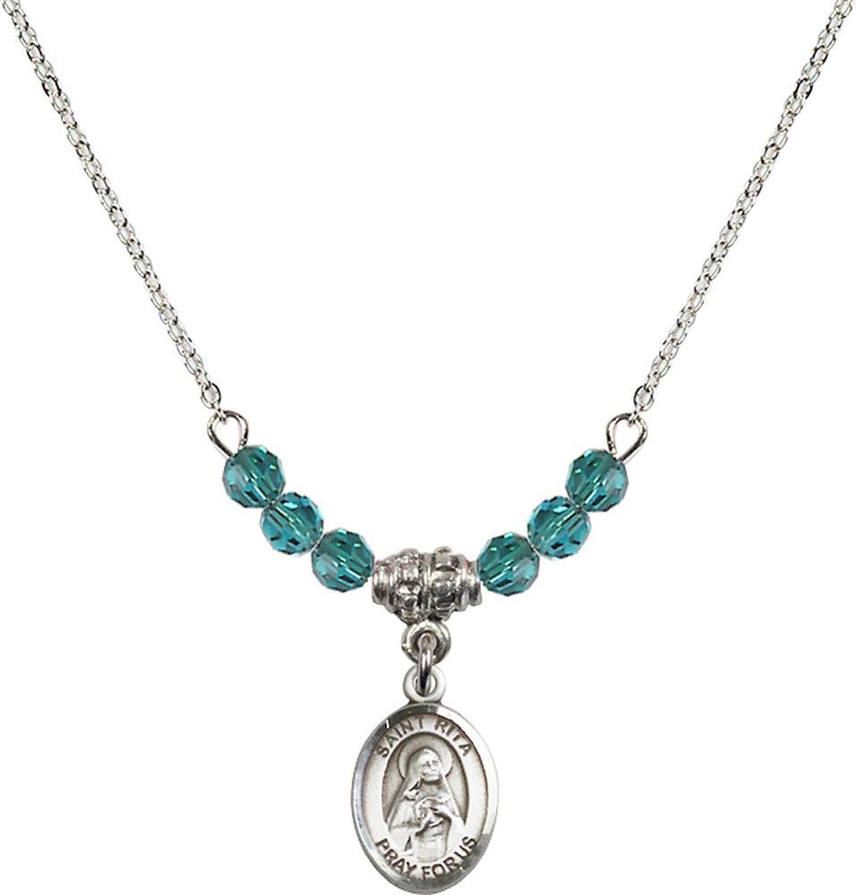 Sterling Silver Saint Rita / Baseball Birthstone Necklace with Zircon Beads - 9181