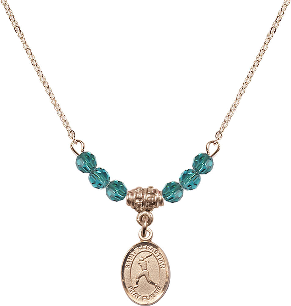 14kt Gold Filled Saint Sebastian/Softball Birthstone Necklace with Zircon Beads - 9183