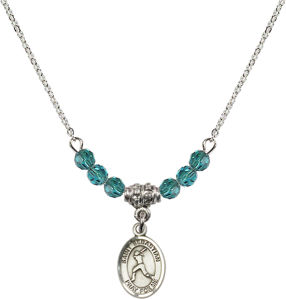 Sterling Silver Saint Sebastian/Softball Birthstone Necklace with Zircon Beads - 9183