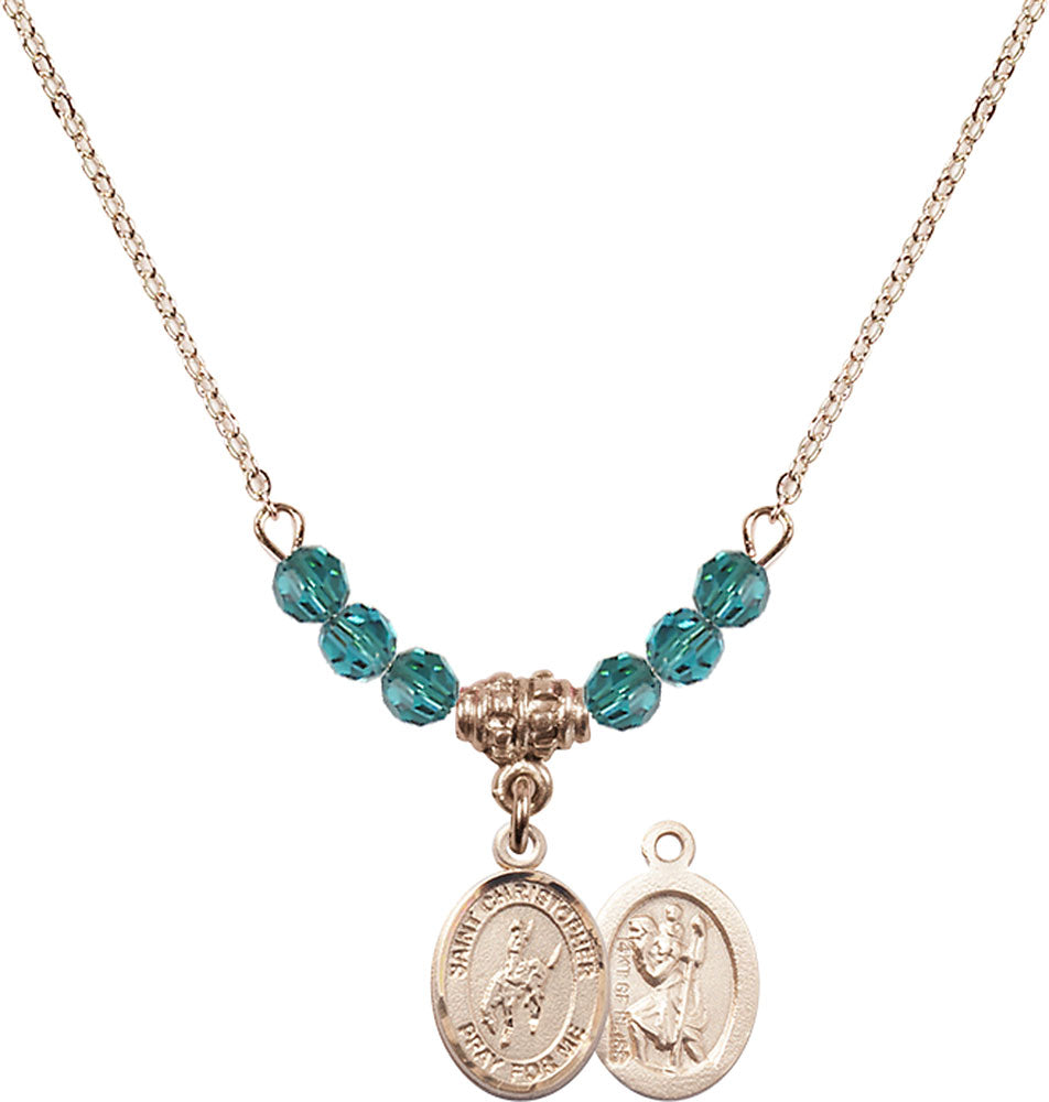 14kt Gold Filled Saint Christopher / Rodeo Birthstone Necklace with Zircon Beads - 9192