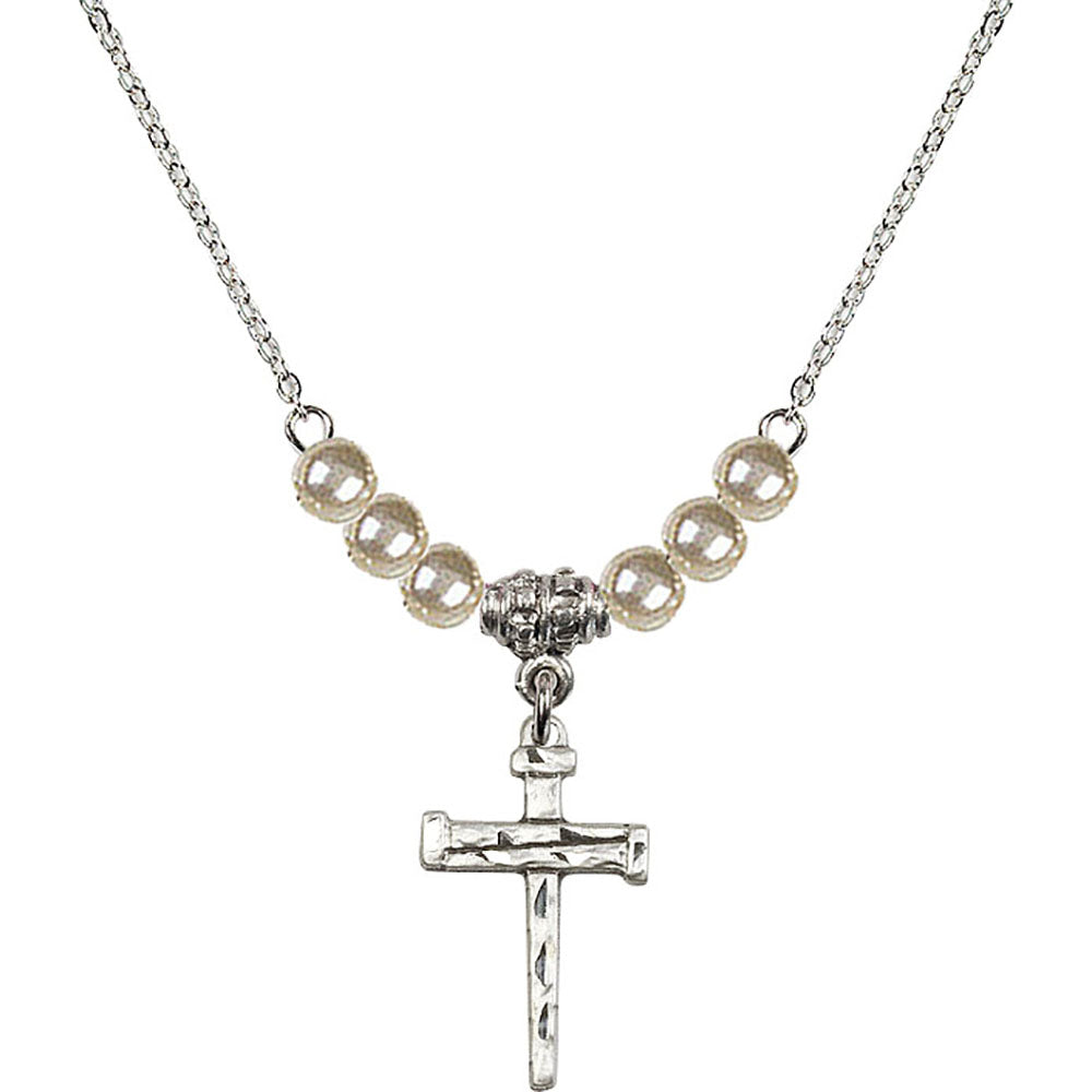 Sterling Silver Nail Cross Birthstone Necklace with Faux-Pearl Beads - 0012