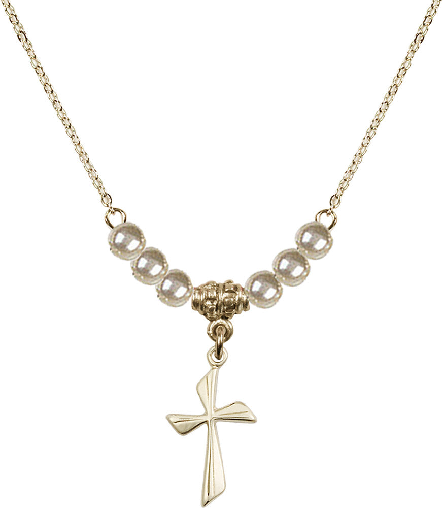 14kt Gold Filled Cross Birthstone Necklace with Faux-Pearl Beads - 0016