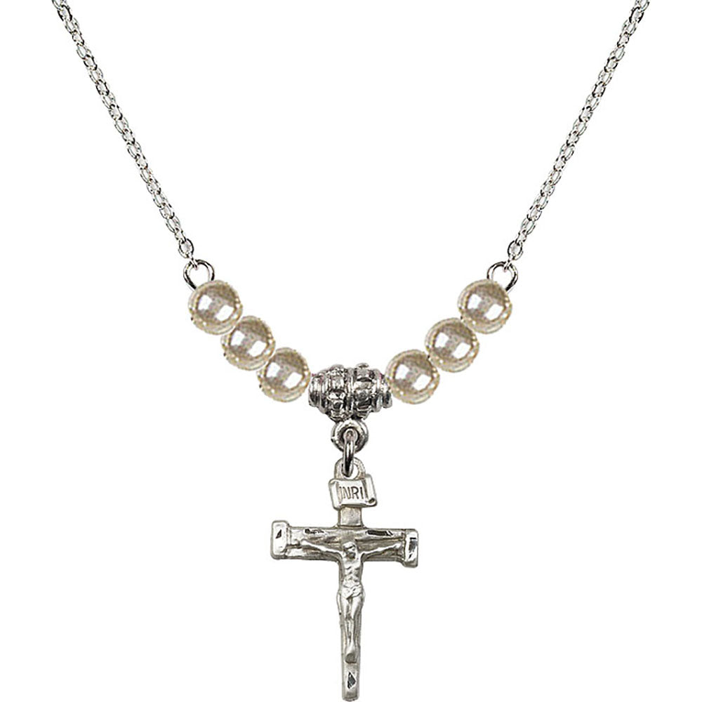 Sterling Silver Nail Crucifix Birthstone Necklace with Faux-Pearl Beads - 0072