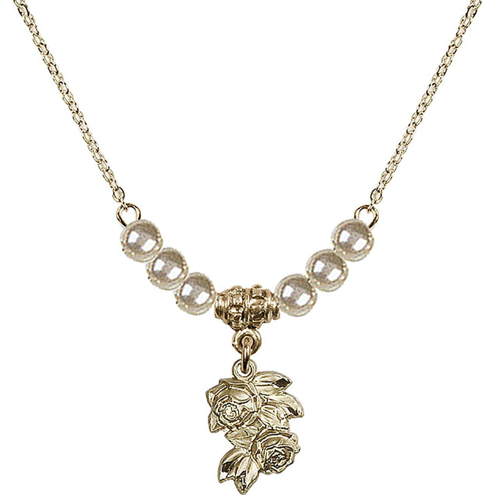 14kt Gold Filled Rose Birthstone Necklace with Faux-Pearl Beads - 0204