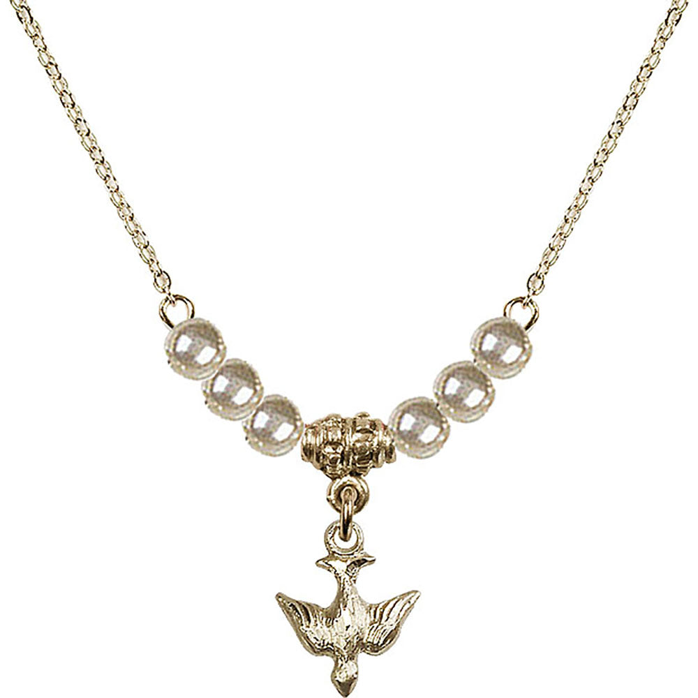 14kt Gold Filled Holy Spirit Birthstone Necklace with Faux-Pearl Beads - 0208