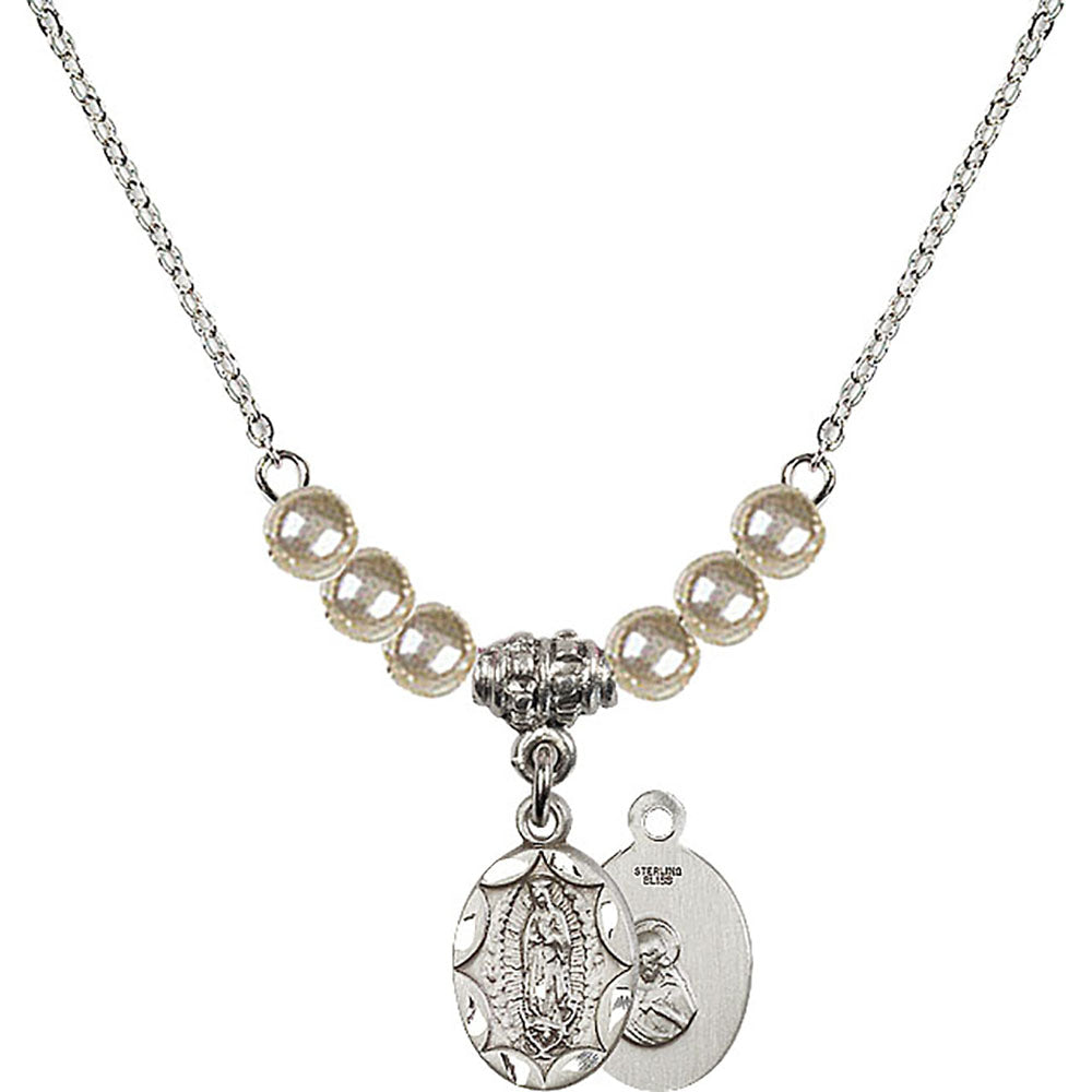 Sterling Silver Our Lady of Guadalupe Birthstone Necklace with Faux-Pearl Beads - 0301