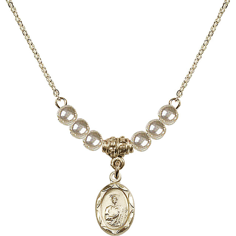 14kt Gold Filled Saint Jude Birthstone Necklace with Faux-Pearl Beads - 0301