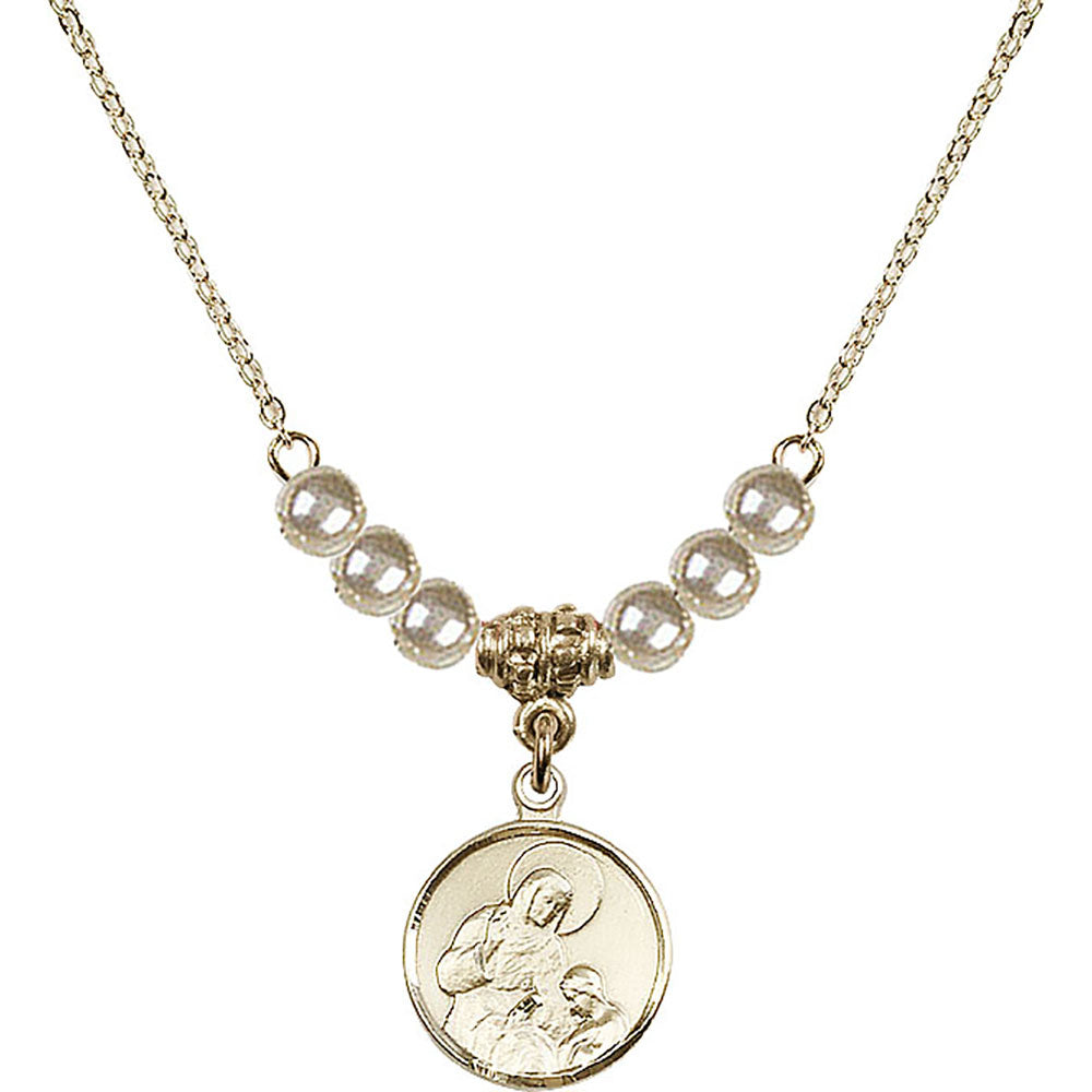 14kt Gold Filled Saint Ann Birthstone Necklace with Faux-Pearl Beads - 0601