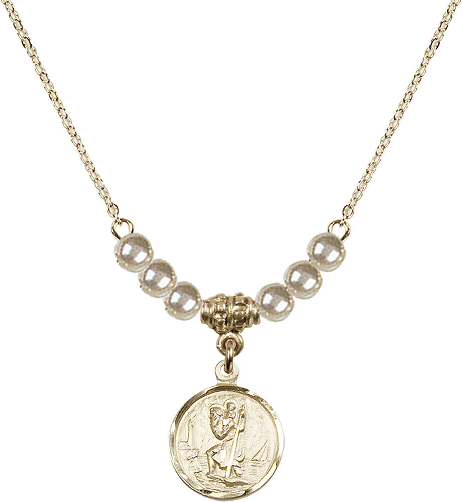 14kt Gold Filled Saint Christopher Birthstone Necklace with Faux-Pearl Beads - 0601