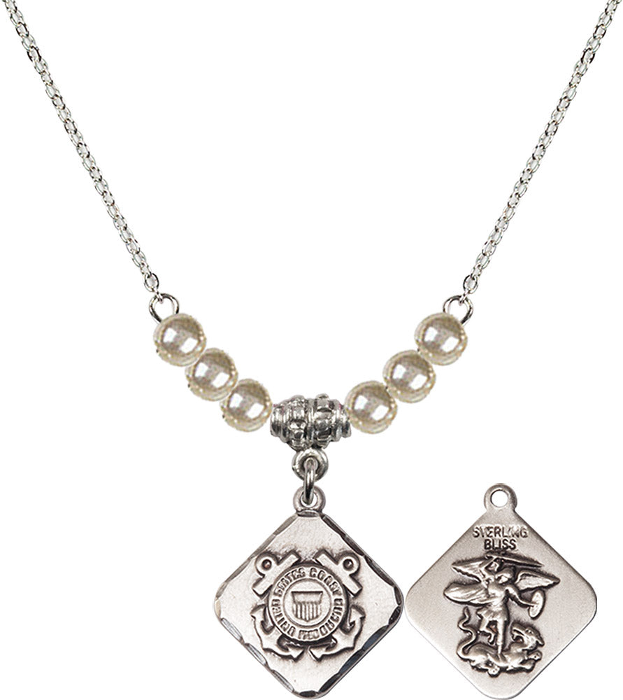 Sterling Silver Coast Guard Diamond Birthstone Necklace with Faux-Pearl Beads - 1180