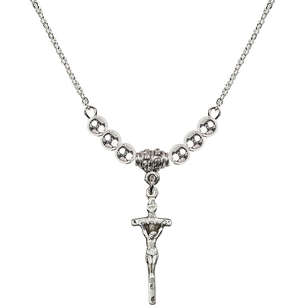 Sterling Silver Papal Crucifix Birthstone Necklace with Sterling Silver Beads - 0563